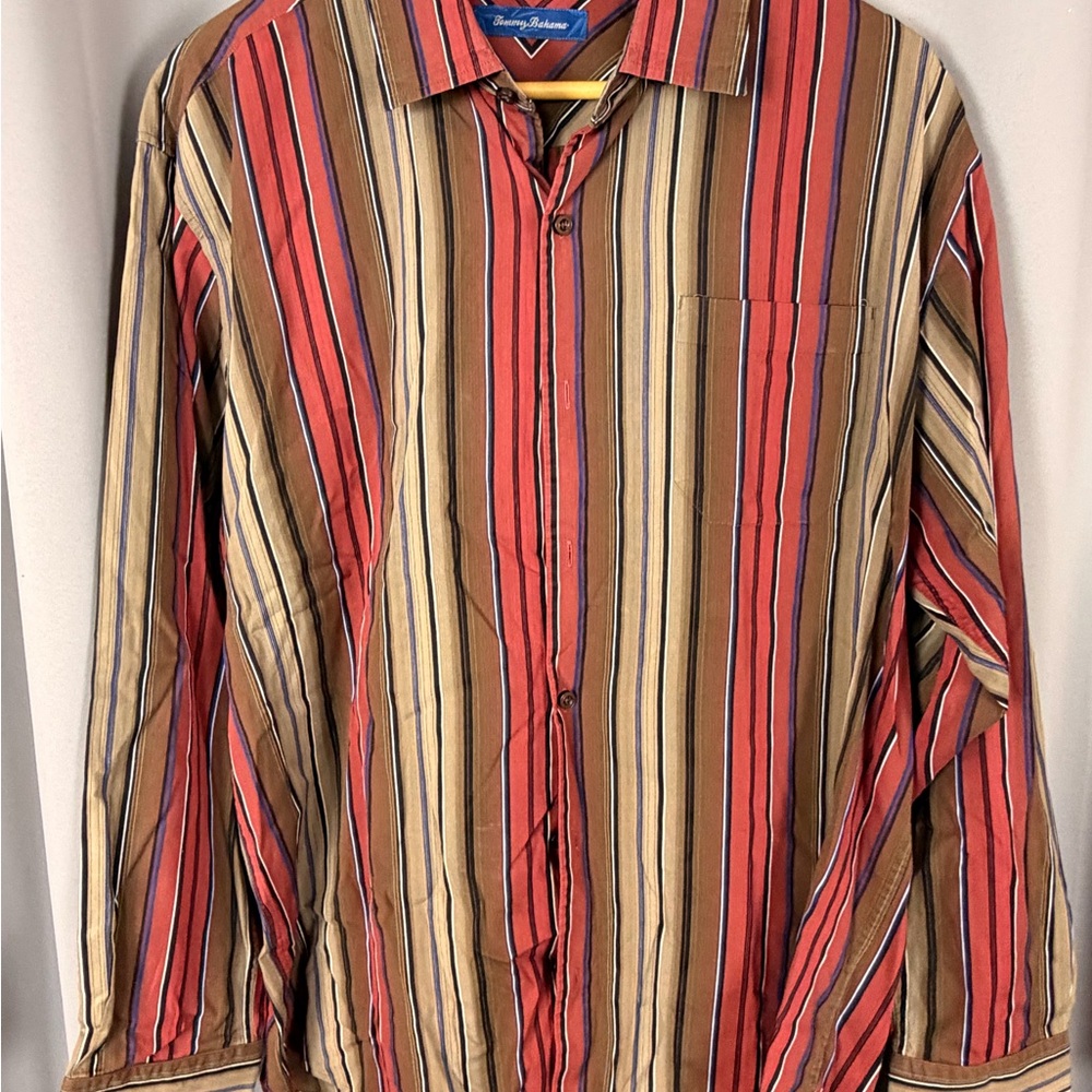 Tommy Bahama Red and Brown Vertical Stripe Button-Down Shirt